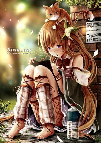Anime picture 1024x1448 with original kirimatsu single long hair tall image blush fringe brown hair sitting bare shoulders holding signed looking away bent knee (knees) pink eyes barefoot hair flower sunlight wide sleeves no shoes