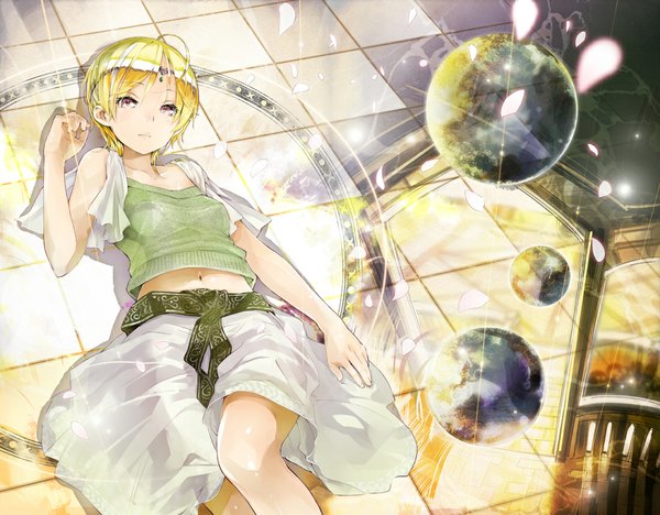 Anime picture 1100x858 with yuugen single short hair blonde hair brown eyes lying girl navel planet