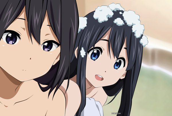 Anime picture 2200x1483 with tamako market kyoto animation kitashirakawa tamako asagiri shiori morrow long hair looking at viewer highres short hair open mouth blue eyes black hair smile purple eyes bare shoulders multiple girls close-up girl 2 girls towel