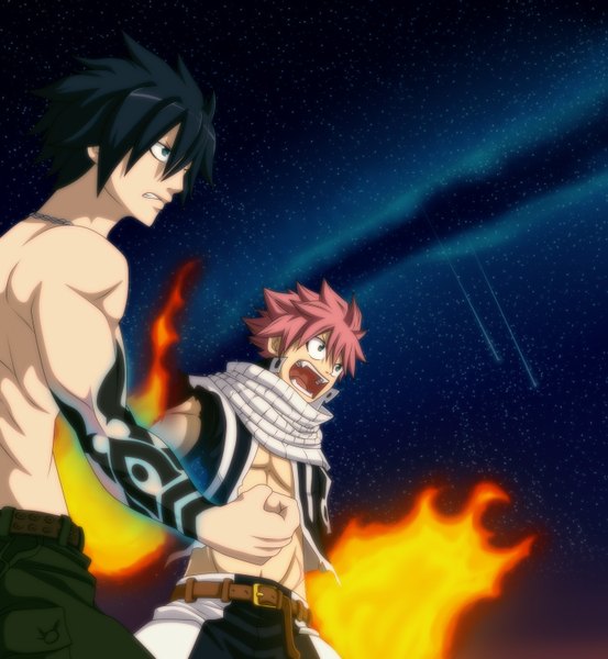 Anime picture 1383x1500 with fairy tail natsu dragneel gray fullbuster lanessa29 tall image blush short hair blue eyes black hair green eyes pink hair night multiple boys tattoo night sky sleeveless coloring magic angry clenched teeth