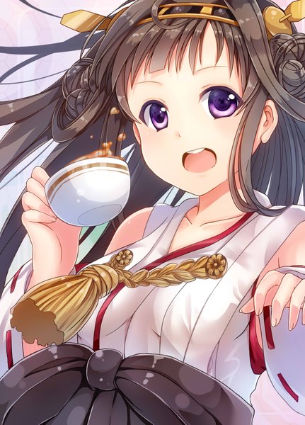 Anime picture 2643x3677 with kantai collection kongou battleship nanahosiryuuki single long hair tall image looking at viewer blush highres open mouth black hair purple eyes traditional clothes nontraditional miko girl hair ornament cup