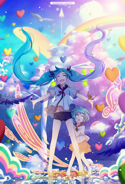 Anime picture 700x1027 with vocaloid sekiranun graffiti (vocaloid) hatsune miku monicanc long hair tall image looking at viewer open mouth smile standing twintails multiple girls signed sky cloud (clouds) full body ahoge :d pleated skirt aqua eyes