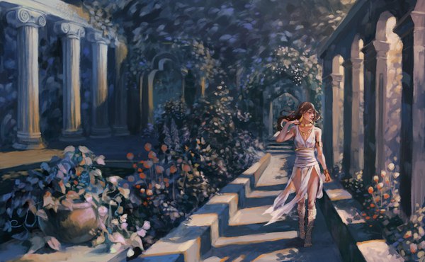 Anime picture 1920x1187 with original iya-chen single long hair highres brown hair wide image looking away head tilt shadow adjusting hair walking girl plant (plants) bracelet jewelry necklace pillar column arch