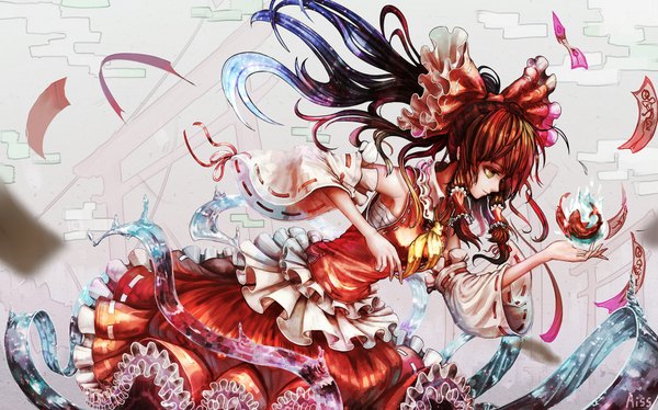 Anime picture 1850x1156 with touhou hakurei reimu kiyomasa ren single long hair highres brown hair wide image brown eyes ponytail traditional clothes profile miko girl dress bow hair bow detached sleeves animal fish (fishes)