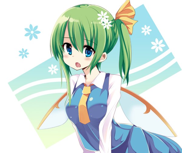 Anime picture 1241x1045 with touhou daiyousei matsuri uta single looking at viewer blush short hair open mouth blue eyes green hair side ponytail girl bow hair bow wings