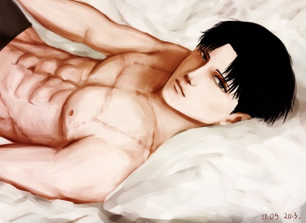 Anime picture 2185x1594 with shingeki no kyojin production i.g levi (rivaille) ludozerkaa looking at viewer highres short hair black hair lying lips inscription on back grey eyes groin muscle pillow