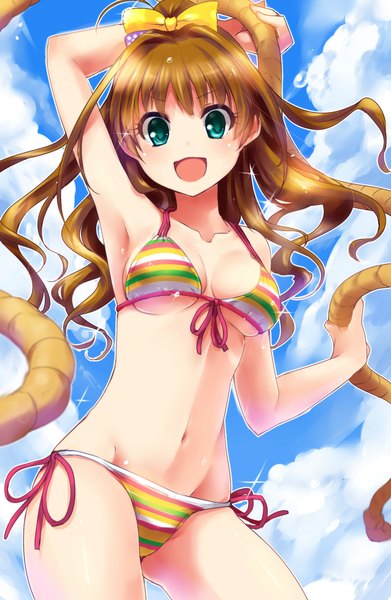 Anime picture 1500x2300 with idolmaster idolmaster cinderella girls hino akane (idolmaster) paopao (artist) single long hair tall image blush breasts open mouth light erotic brown hair sky cloud (clouds) ponytail aqua eyes girl navel bow swimsuit