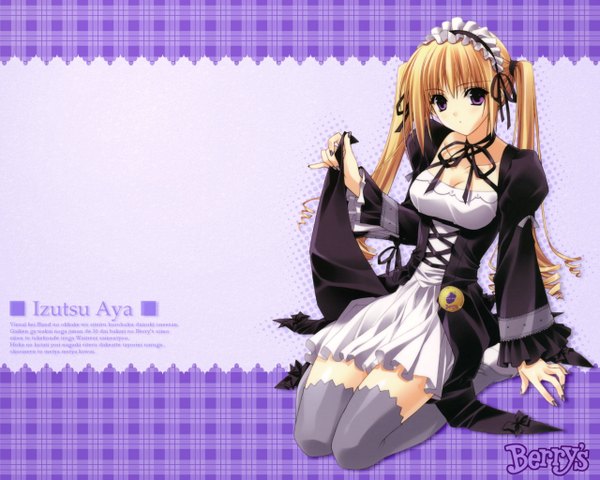 Anime picture 1280x1024 with berry's izutsu aya suzuhira hiro single long hair looking at viewer fringe blonde hair twintails maid character names goth-loli waitress gothic girl thighhighs uniform ribbon (ribbons) headdress maid headdress