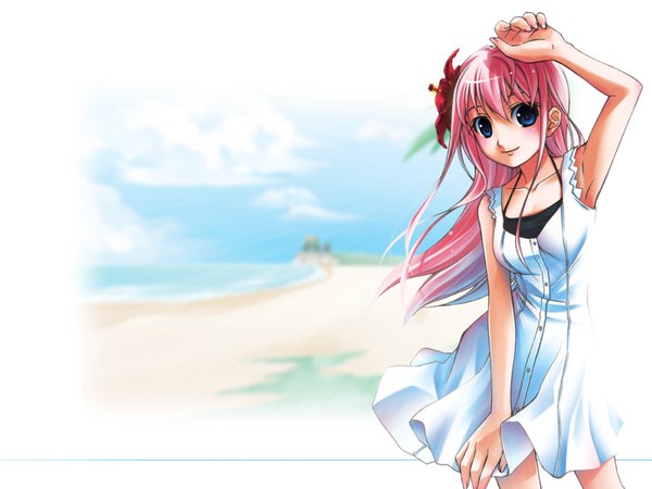 Anime picture 1600x1200 with tagme (copyright) tagme (character) tagme (artist) single long hair looking at viewer blue eyes smile standing pink hair sky cloud (clouds) outdoors arm up beach girl dress hair ornament white dress sea