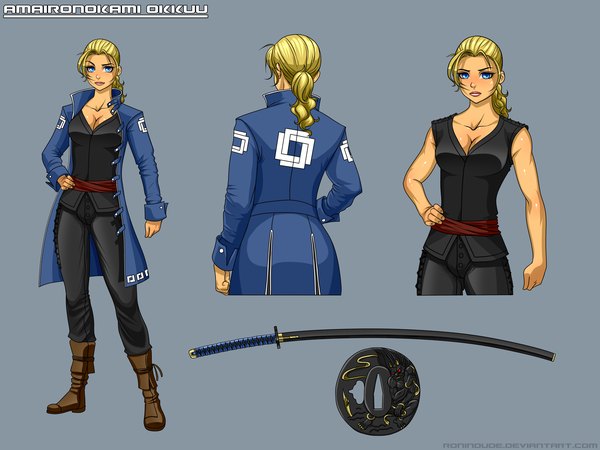 Anime picture 4000x3000 with ronin dude (ray cornwell) single long hair looking at viewer blush highres blue eyes simple background blonde hair absurdres grey background open clothes open jacket girl weapon sword jacket boots katana