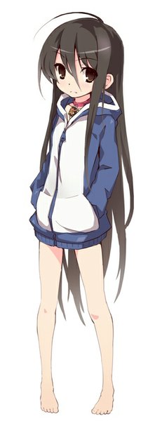 Anime picture 310x839 with shakugan no shana j.c. staff shana roke single tall image looking at viewer black hair simple background white background brown eyes ahoge very long hair barefoot hands in pockets girl hood collar hoodie