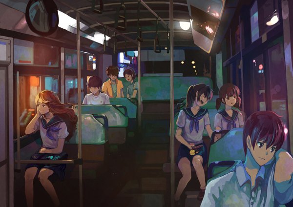 Anime picture 1300x919 with original saya (mychristian2) short hair blue eyes black hair smile brown hair sitting twintails multiple girls brown eyes ponytail eyes closed wind couple short twintails laughing bus interior girl serafuku