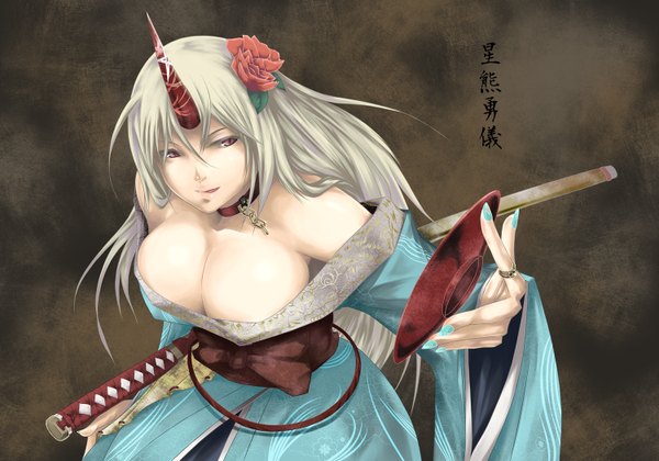 Anime picture 1500x1050 with touhou hoshiguma yuugi hoshiguma yuugi (promo) muchakushoku (artist) single long hair breasts light erotic red eyes large breasts cleavage white hair nail polish hair flower horn (horns) hieroglyph girl hair ornament weapon sword