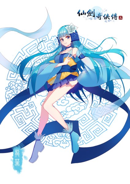 Anime picture 1158x1637 with legend of the three rumored asked love chapter lan kui pkq single long hair tall image looking at viewer blush fringe breasts blue eyes smile white background bare shoulders full body bent knee (knees) blunt bangs hair flower aqua hair inscription