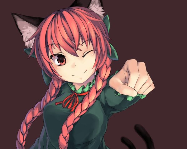 Anime picture 1500x1200 with touhou kaenbyou rin 463 jun single long hair looking at viewer blush smile red eyes animal ears red hair animal tail one eye closed wink cat ears cat girl cat tail girl hair ornament ribbon (ribbons)