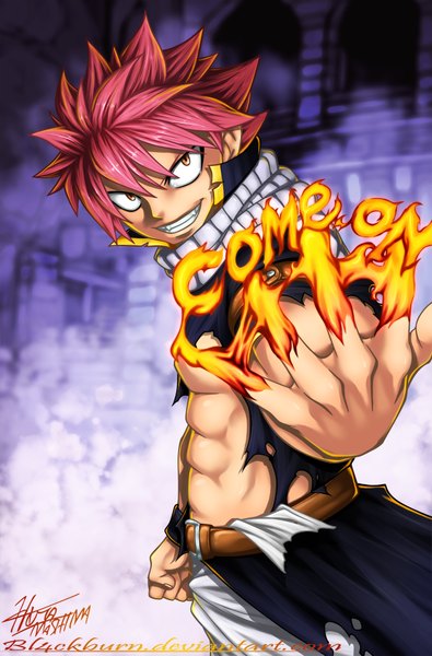 Anime picture 659x1000 with fairy tail natsu dragneel bl4ckburn single tall image short hair smile brown eyes pink hair sleeveless grin coloring torn clothes magic muscle boy scarf fire wristlet fist