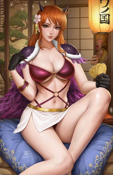Anime picture 1936x3000 with one piece toei animation nami (one piece) sanji sciamano240 long hair tall image looking at viewer fringe highres short hair breasts open mouth light erotic blonde hair smile large breasts sitting holding brown eyes