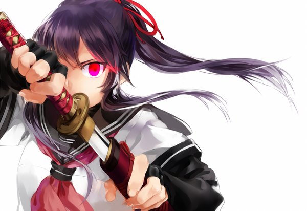 Anime picture 1424x980 with original rff (3 percent) single long hair looking at viewer blush black hair simple background red eyes white background ponytail girl gloves uniform hair ornament bow ribbon (ribbons) weapon hair bow hair ribbon