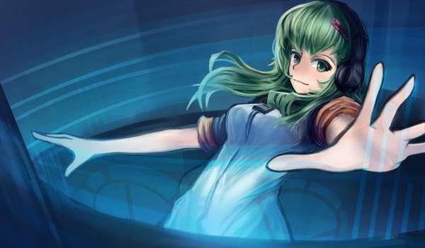 Anime picture 1483x867 with vocaloid gumi single long hair wide image green eyes green hair light smile girl hair ornament hairclip headphones