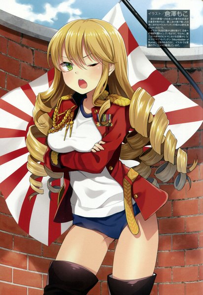 Anime picture 1169x1700 with original real life mc axis louis mountbatten kurasawa moko single long hair tall image looking at viewer blush open mouth blonde hair green eyes one eye closed wink scan drill hair crossed arms girl uniform