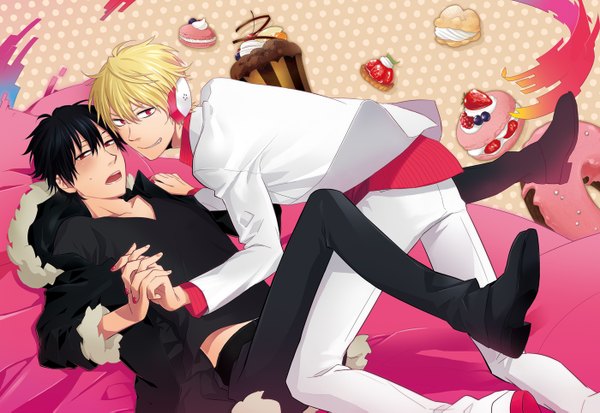 Anime picture 1400x965 with durarara!! brains base (studio) orihara izaya heiwajima shizuo ro-ts blush short hair open mouth black hair blonde hair smile red eyes multiple boys shounen ai boy food headphones 2 boys suit berry (berries)