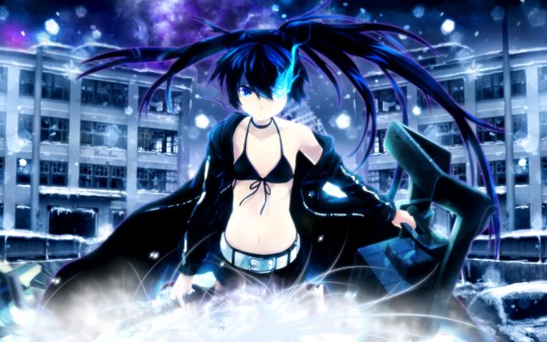 Anime picture 2560x1600 with black rock shooter black rock shooter (character) snyp (r0pyns) single highres wide image glowing glowing eye (eyes) pale skin girl jacket belt building (buildings) bikini top