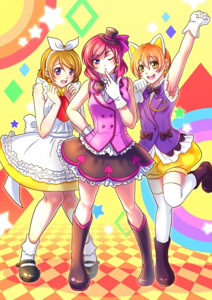 Anime picture 1240x1753 with love live! school idol project sunrise (studio) love live! nishikino maki hoshizora rin koizumi hanayo sha (pixiv) tall image blush short hair blonde hair purple eyes multiple girls yellow eyes purple hair one eye closed wink orange hair checkered floor floor