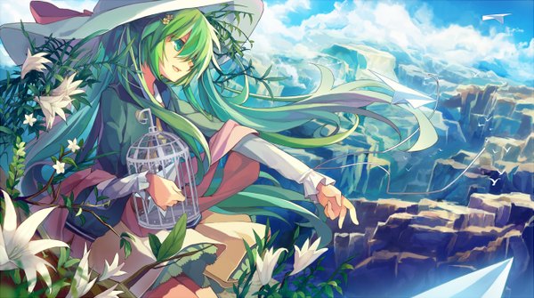 Anime picture 1327x742 with vocaloid hatsune miku yayin (yayin233) single long hair wide image green eyes sky cloud (clouds) green hair mountain canyon girl dress flower (flowers) plant (plants) hat cage