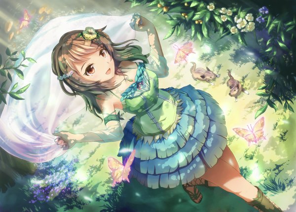 Anime picture 1116x800 with original knj single long hair looking at viewer open mouth brown hair brown eyes hair flower girl dress hair ornament flower (flowers) plant (plants) animal insect butterfly grass