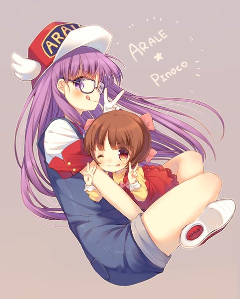 Anime picture 900x1122 with dr. slump black jack toei animation norimaki arale pinoko yamucha long hair tall image blush short hair red eyes brown hair purple eyes multiple girls purple hair one eye closed wink victory crossover girl