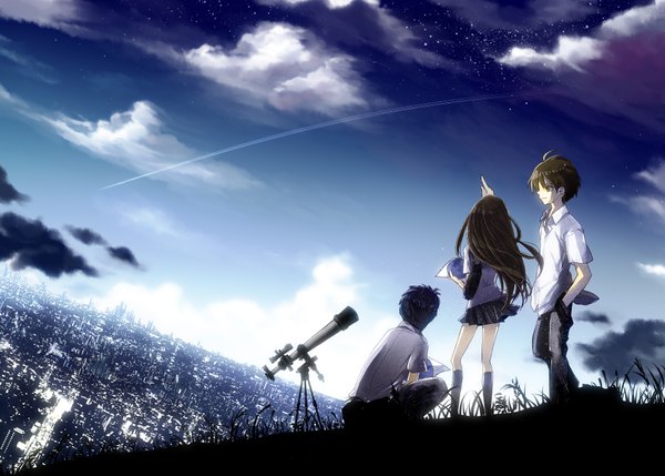 Anime picture 1812x1296 with 218 long hair highres short hair black hair sky cloud (clouds) from behind back city group cityscape hands in pockets shooting star girl boy skirt plant (plants) miniskirt star (stars)