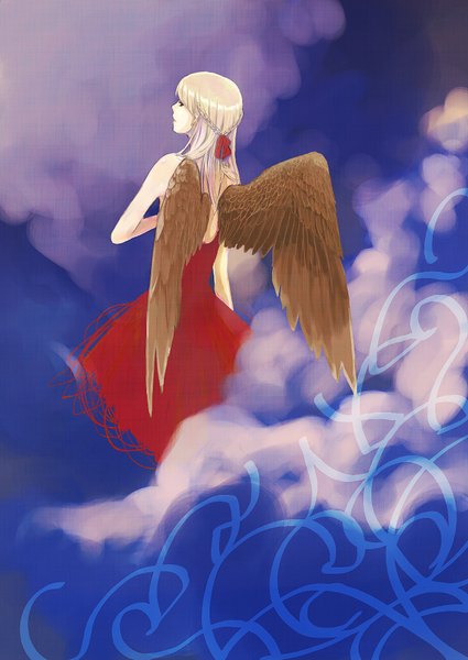 Anime picture 1290x1821 with original kurasawa moko single long hair tall image simple background blonde hair from behind blue background half updo girl dress wings red dress