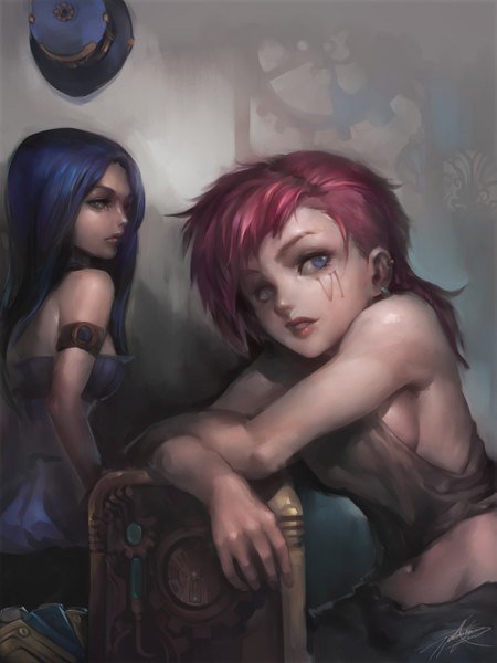 Anime picture 1200x1600 with league of legends caitlyn (league of legends) vi (league of legends) phantom (ptcrow) long hair tall image looking at viewer short hair breasts blue eyes light erotic multiple girls green eyes blue hair looking away pink hair lips tattoo facial mark girl