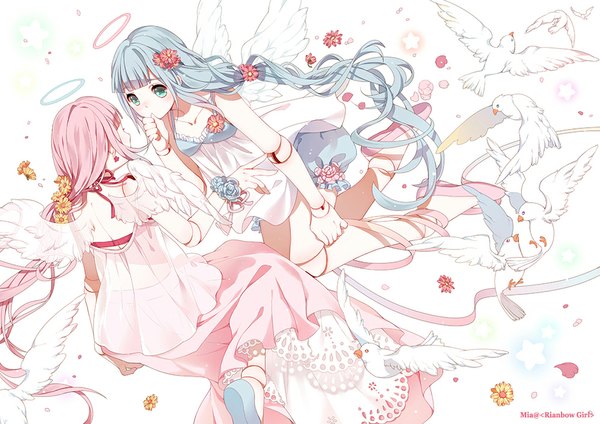Anime picture 1000x707 with original mia0309 blue eyes white background multiple girls blue hair pink hair very long hair hair flower angel wings girl dress hair ornament flower (flowers) 2 girls animal wings bird (birds) pigeon