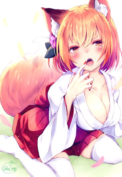 Anime picture 1375x2000 with original chita (ketchup) single tall image looking at viewer blush fringe short hair breasts open mouth light erotic simple background hair between eyes large breasts white background sitting brown eyes signed animal ears cleavage