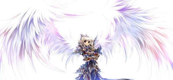 Anime picture 1725x800 with world of warcraft blizzard entertainment windforcelan single looking at viewer blush highres simple background blonde hair wide image white background green eyes pointy ears girl wings armor