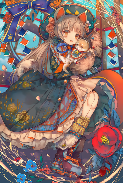 Anime picture 1351x2000 with original cha goma single long hair tall image fringe open mouth brown hair sitting brown eyes animal ears tail blunt bangs animal tail facial mark new year whisker markings dog ears dog tail dog girl