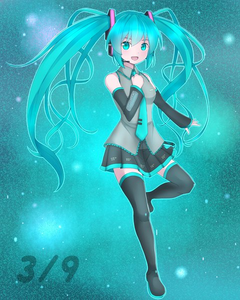 Anime picture 1000x1250 with vocaloid hatsune miku butatikin (artist) single long hair tall image looking at viewer open mouth twintails bare shoulders pleated skirt aqua eyes aqua hair girl detached sleeves necktie headphones microphone