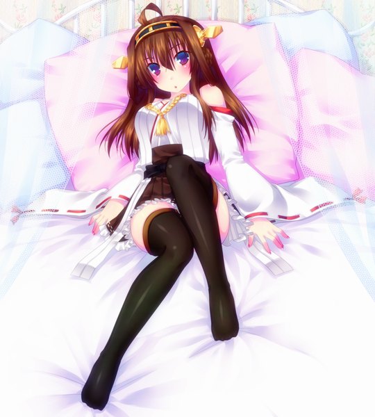 Anime picture 900x1000 with kantai collection kongou battleship door to heaven single long hair tall image looking at viewer blush open mouth brown hair purple eyes ahoge traditional clothes nontraditional miko girl thighhighs skirt hair ornament black thighhighs detached sleeves