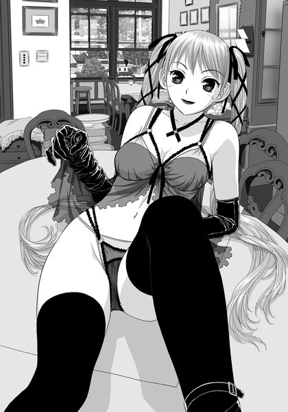 Anime picture 841x1200 with original toshiki yui single long hair tall image looking at viewer light erotic twintails light smile grey hair black eyes underwear only monochrome girl thighhighs gloves underwear panties ribbon (ribbons) black thighhighs