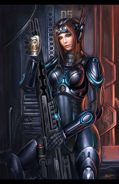 Anime picture 600x927 with starcraft blizzard entertainment sarah kerrigan paul (shiramune) single long hair tall image looking at viewer breasts brown hair lips realistic grey eyes girl gloves weapon gun suit