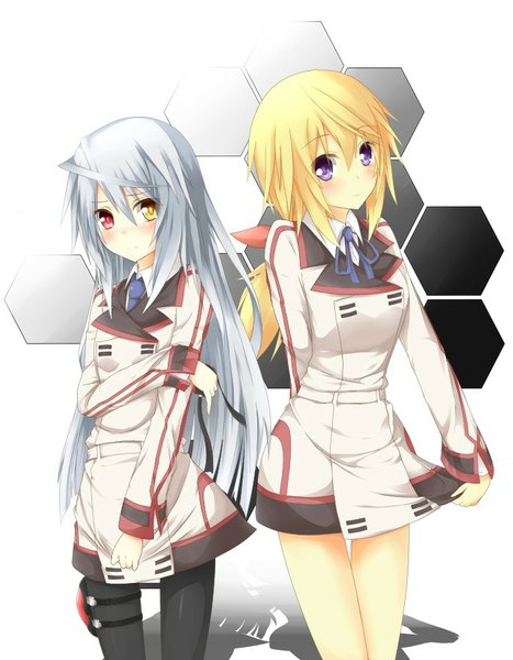 Anime picture 700x899 with infinite stratos 8bit charles dunois laura bodewig chabaneko long hair tall image looking at viewer blush blonde hair smile red eyes purple eyes multiple girls yellow eyes silver hair ponytail light smile shadow heterochromia