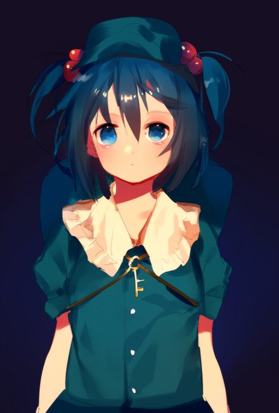 Anime picture 1000x1480 with touhou kawashiro nitori tian (my dear) single tall image looking at viewer short hair blue eyes simple background hair between eyes standing blue hair two side up black background girl hair tie bikini top backpack flat cap hair bobbles