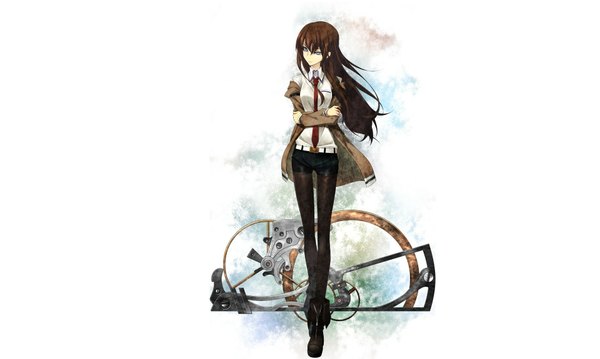Anime picture 1920x1150 with steins;gate white fox makise kurisu single long hair highres blue eyes simple background brown hair wide image white background crossed arms girl pantyhose necktie shorts