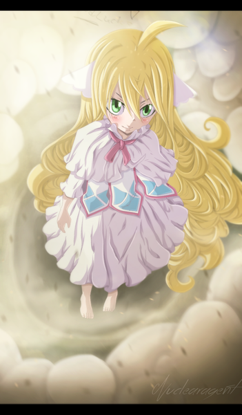 Anime picture 681x1164 with fairy tail mavis vermillion nuclearagent single tall image blush blonde hair smile green eyes ahoge very long hair barefoot from above sunlight loli coloring letterboxed smoke girl dress