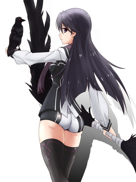 Anime picture 1300x1733 with vividred operation kuroki rei tr-6 single long hair tall image looking at viewer fringe simple background white background purple eyes purple hair looking back black wings girl uniform weapon school uniform animal socks