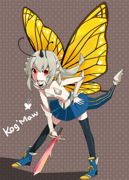 Anime picture 1350x1875 with league of legends kog'maw (league of legends) single long hair tall image looking at viewer open mouth red eyes tail grey hair flat chest genderswap insect wings butterfly wings girl thighhighs black thighhighs sword shoes