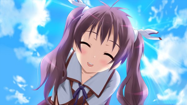 Anime picture 1920x1080 with mayo chiki! feel (studio) usami masamune single long hair blush highres smile wide image twintails sky purple hair cloud (clouds) eyes closed girl uniform school uniform
