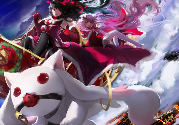 Anime picture 1772x1247 with mahou shoujo madoka magica shaft (studio) akemi homura kaname madoka kyuubee blackrabbitsoul long hair highres open mouth black hair red eyes multiple girls yellow eyes pink hair cloud (clouds) christmas flying merry christmas girl thighhighs