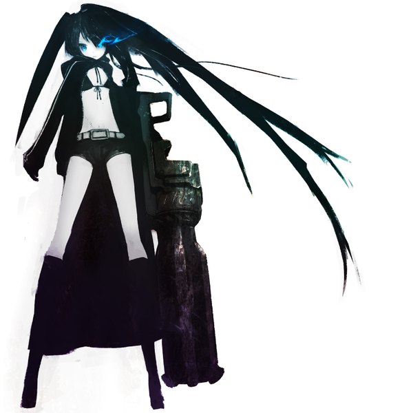 Anime picture 1459x1500 with black rock shooter black rock shooter (character) huke long hair tall image blue eyes black hair twintails glowing glowing eye (eyes) girl shorts cloak bikini top